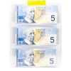 Image 1 : 3 CANADIAN UNCIRCULATED SEQUENTIAL 5 DOLLAR BILLS