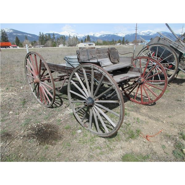 Old 4 Wheel Buggy- 7'L X 3'W Box- 40  Front Wheels- 46  Rear Wheels- Brakes- Saddle Bags- Washtub- 2