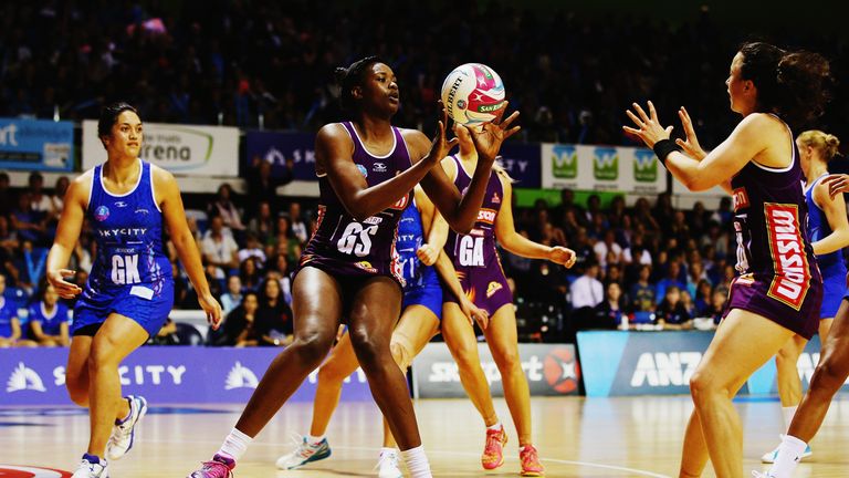 Romelda Aiken of the Firebirds receives the ball during the ANZ Championship 