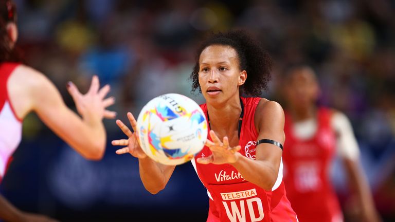  Serena Guthrie of England passes the ball during the 2015 Netball World Cup match between England and Jamaica 