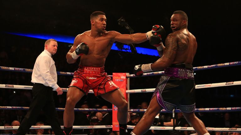 Anthony Joshua and Dillian Whyte during the Vacant British and Commonwealth heavyweight title bout at the O2 Arena, London.
