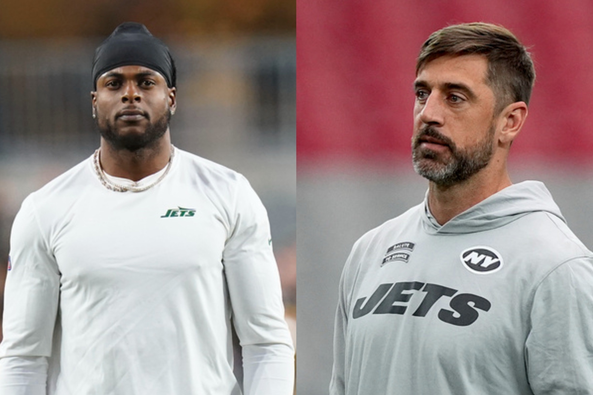 New York Jets Davante Adams and Aaron Rodgers before a 2024 NFL regular season game