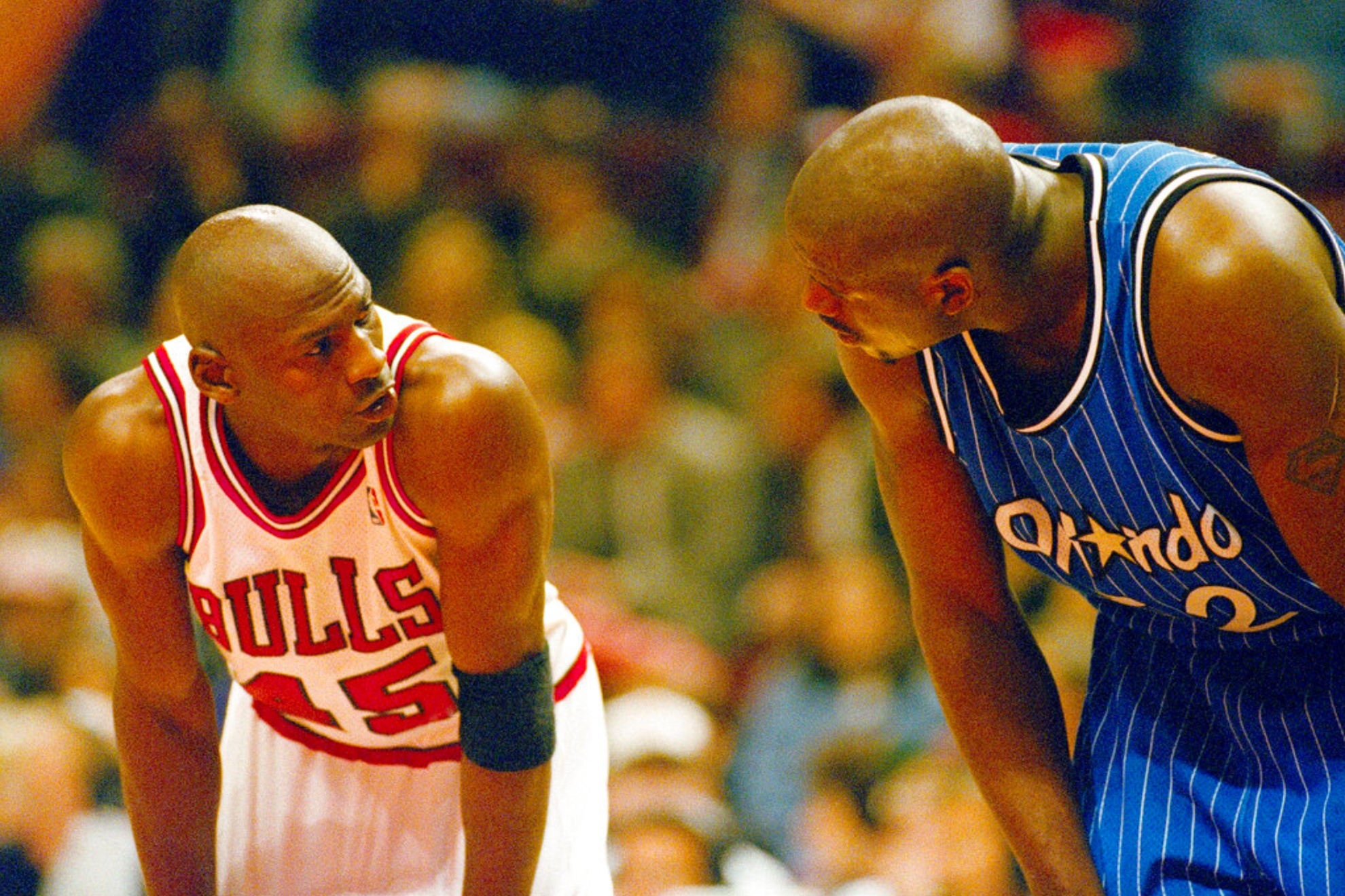 Michael Jordan, left, and Shaquille ONeal during a 1995 NBA game in Chicago