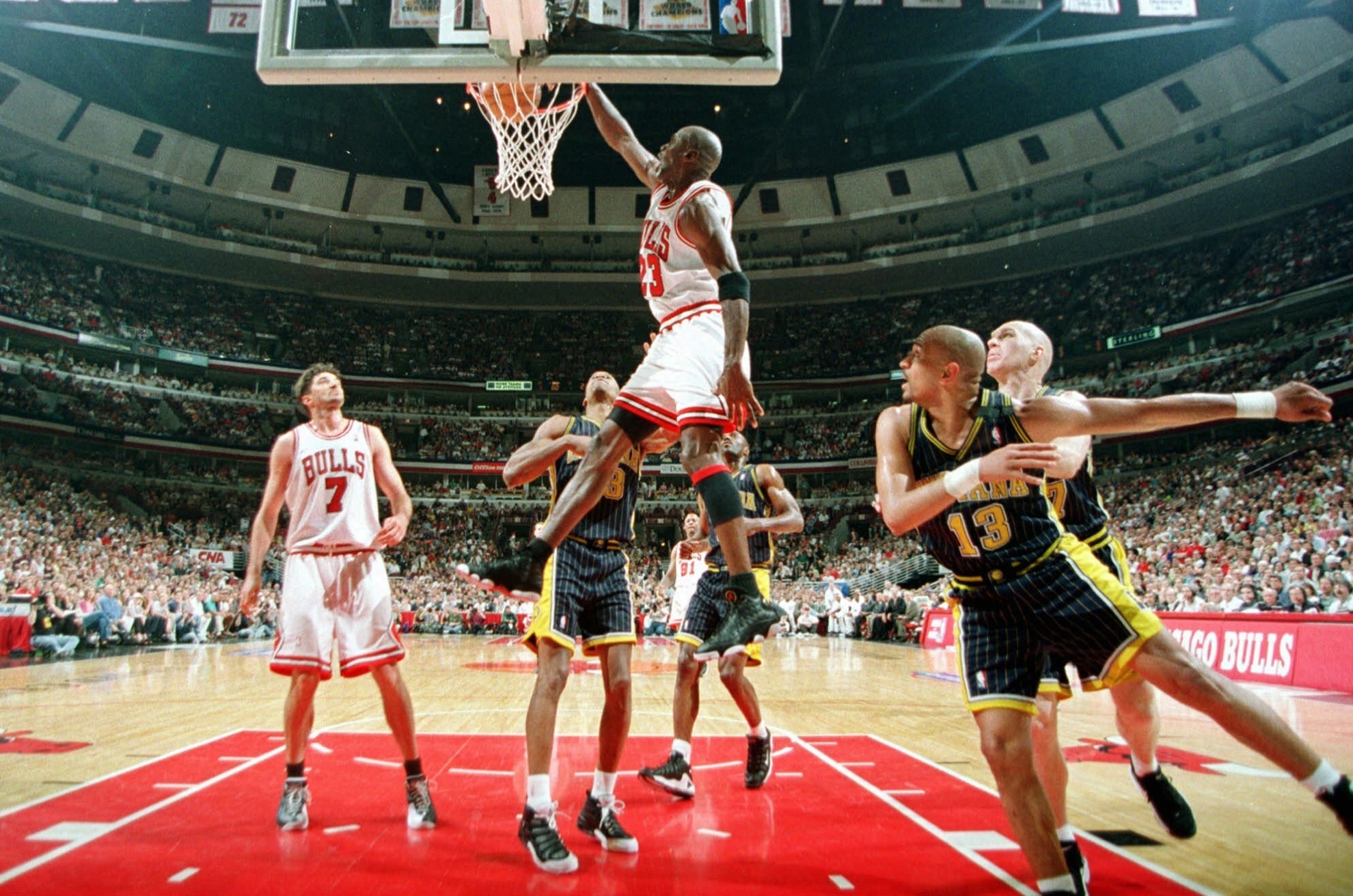 Chicago Bulls Michael Jordan dunks for two against the Indiana Pacers during Game One of the Eastern Conference Finals Sunday, May 17, 1998, at the United Center in Chicago.