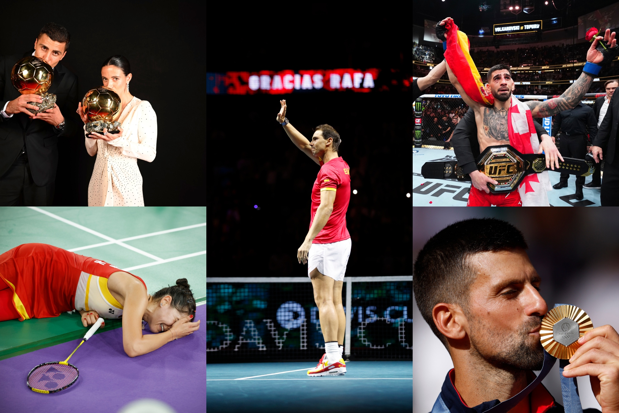 Cinco grandes momentos del deporte en 2024. Rafa Nadal el día de su retirada, Rodri y Aitana con sus Balones de Oro, Carolina Marín llora tras su lesión, Topuria celebra su título mundial y Djokovic besa su oro olímpico.