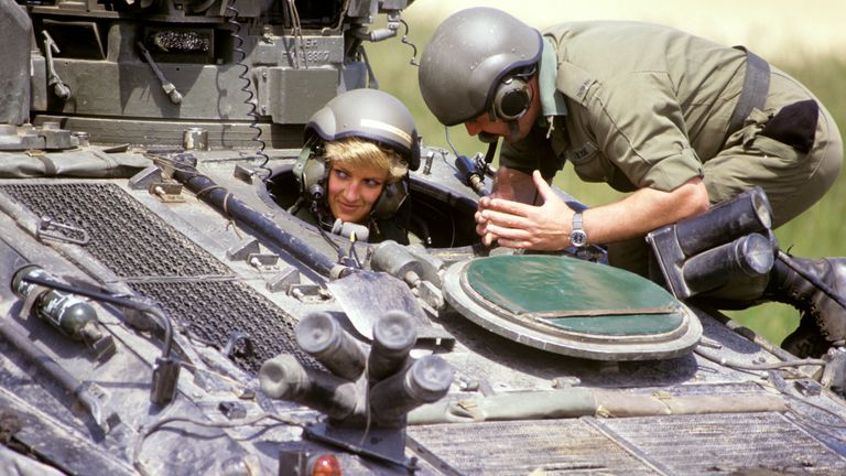 June 1988: Diana in the driving seat of the 'Striker' tank, getting instructions from Sgt Chris O'Byrne on Salisbury Plain