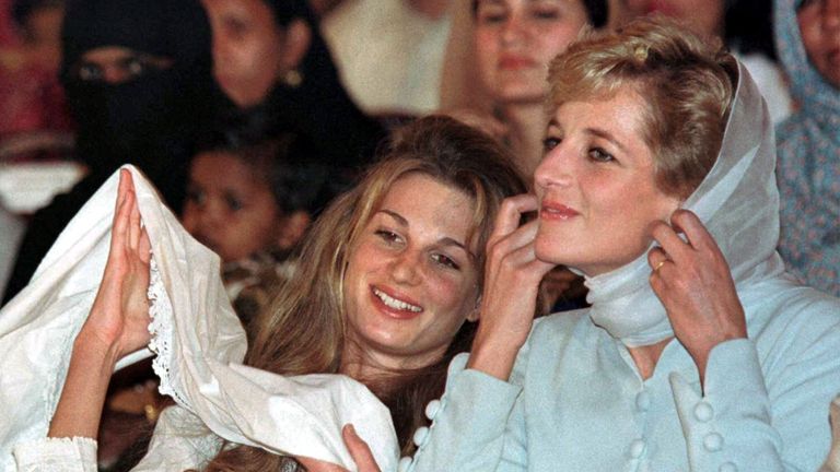 Feb 1996: Diana pulls on her head scarf as her friend Jemima Goldsmith does the same at the Shaukat Khanum Memorial Cancer Hospital in Lahore, Pakistan