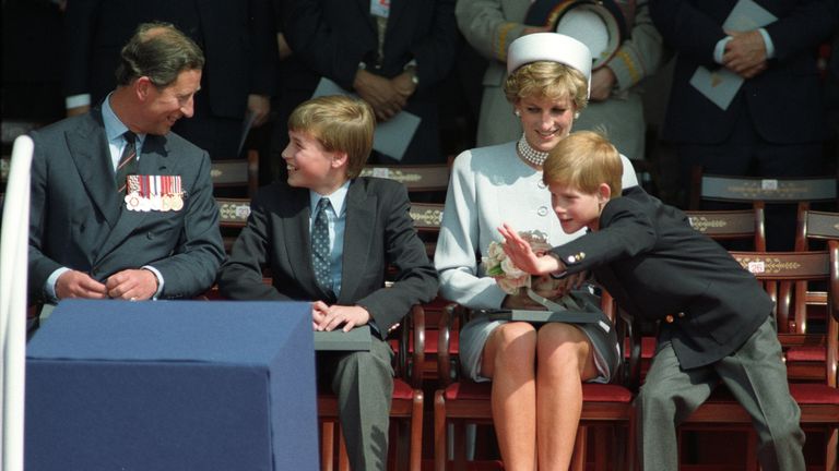 May 1995: The Prince of Wales, Prince William, Princess Diana and Prince Harry attend a ceremony in Hyde Park to commemorate the 50th Anniversary of VE Day