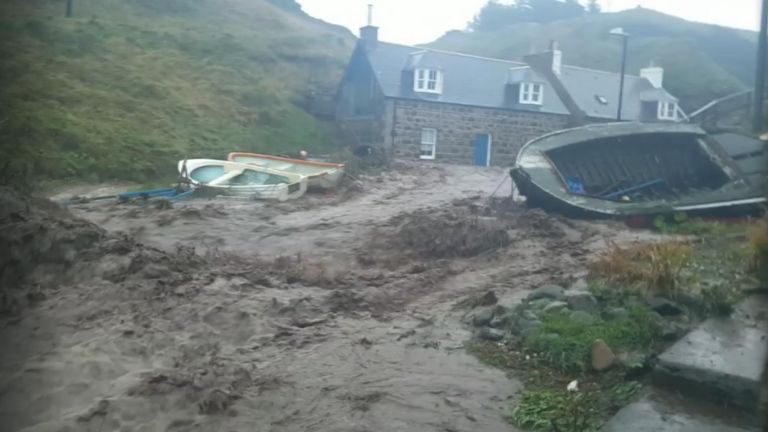 Flash flooding in Crovie, Scotland