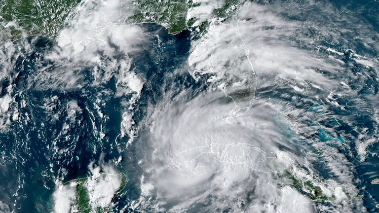 A satellite image on Friday 27 August showing Hurricane Ida crossing western Cuba Pic: NOAA via AP 