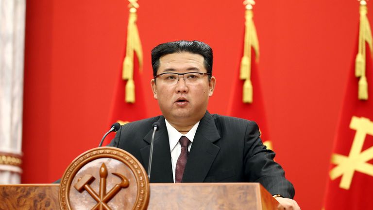 Kim Jong Un speaks during an event celebrating the 76th anniversary of the founding of the ruling Workers' Party of Korea (WPK) in Pyongyang