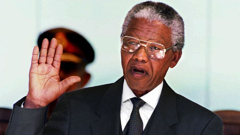 ANC leader Nelson Mandela takes the oath of office as President of South Africa at the Union Building May 10
