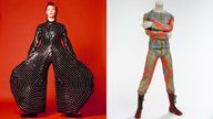 L-R: Bowie's famous striped bodysuit for the Aladdin Sane tour in 1973, designed by Kansai Yamamoto; Quilted two-piece suit designed by Freddie Burretti for the Ziggy Stardust tour, 1972. Pics: Masayoshi Sukita courtesy of Sukita and The David Bowie Archive/ The David Bowie Archive