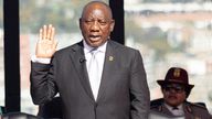 Cyril Ramaphosa takes the oath of office for his second term as South African President at the Union Buildings in Pretoria, South Africa, 19 June 2024. KIM LUDBROOK/Pool via REUTERS
