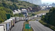 Lorries queued up waiting to enter the Port of Dover in Kent as the busy summer travel period gets underway..
Pic PA