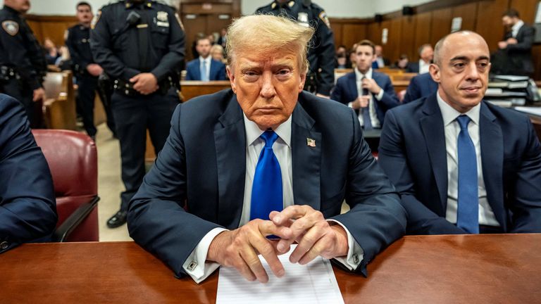 Former President Donald Trump at the Manhattan Criminal Court room Talking to the pool and in courtroom at trial in NYC May 30 2024. Mark Peterson/Pool via REUTERS