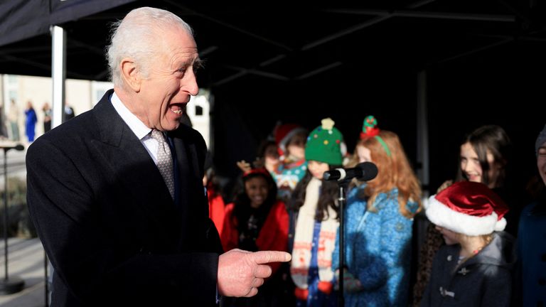 Britain's King Charles reacts during a reception at Waltham Forest Town Hall in London, Britain, December 20, 2024. REUTERS/Mina Kim/Pool