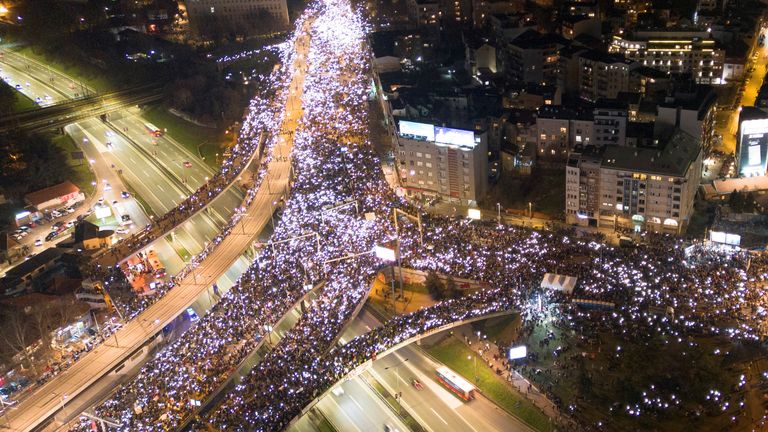 A drone shot shows Belgrade University students participating in a 24-hour blockade of a major junction during a protest against what demonstrators claim are government policies, corruption, and negligence blamed for the deaths in the November 2024 Novi Sad railway station disaster, in Belgrade, Serbia, January 27, 2025. REUTERS/Djordje Kojadinovic
