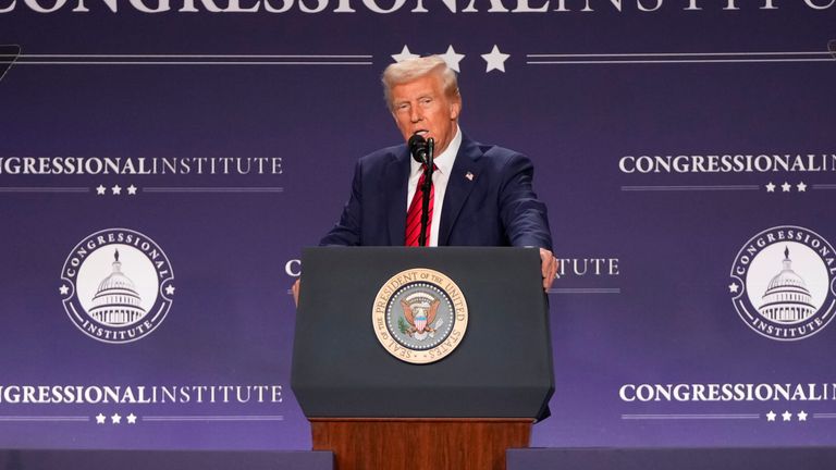 President Donald Trump speaks at the 2025 House Republican Members Conference Dinner at Trump National Doral Miami in Doral, Fla., Monday, Jan. 27, 2025. (AP Photo/Mark Schiefelbein)