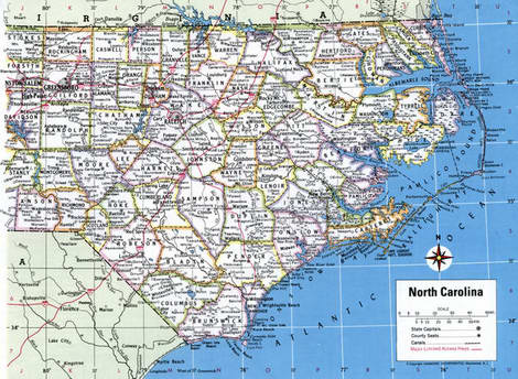 Map of North Carolina state with highway,road,cities,counties. North ...