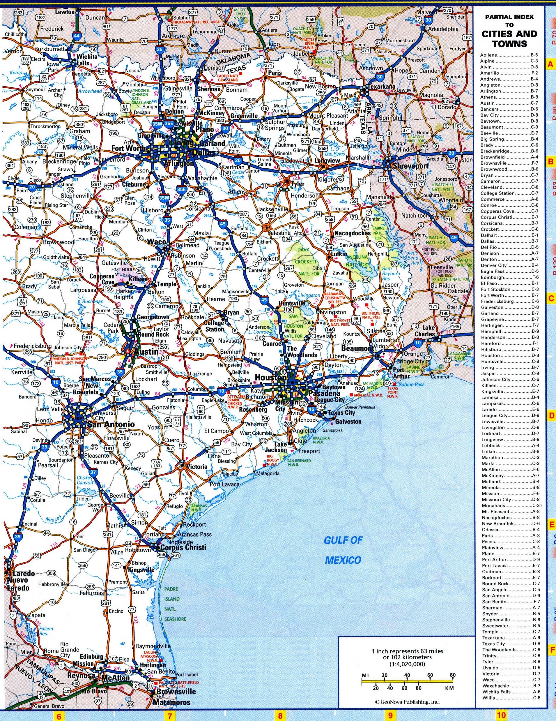 Texas map with rivers and lakes, parks and recreation area