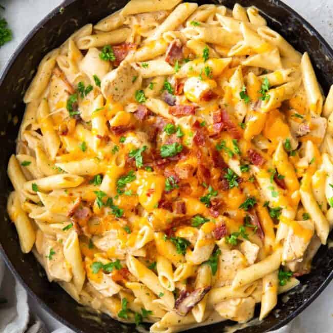 crack chicken pasta in a cast iron skillet