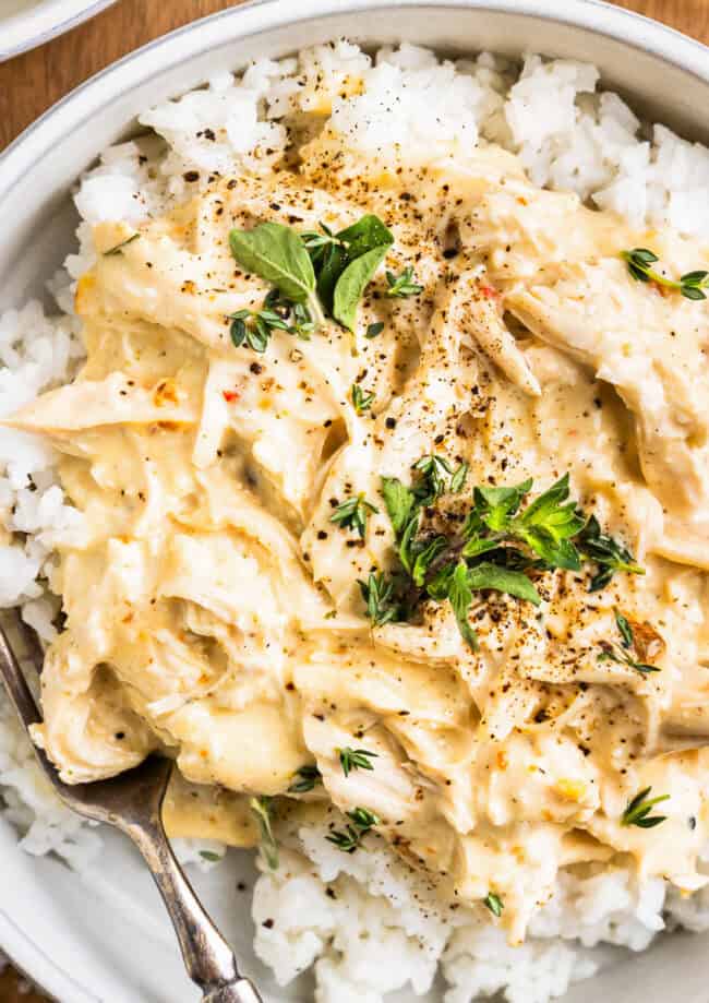 Crockpot Italian chicken served with rice.