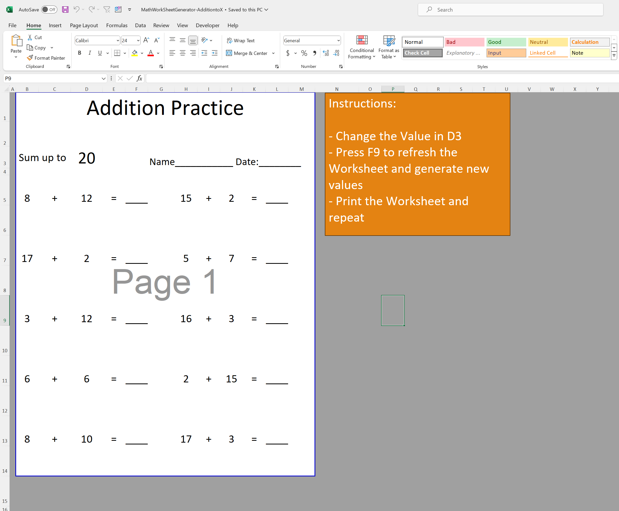 Addition Math Worksheet generator