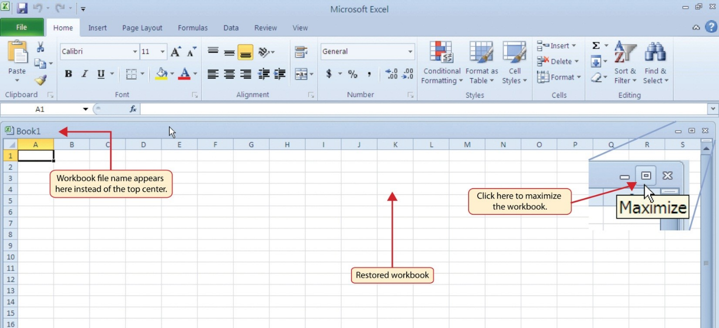 Maximize icon, workbook title in top left-hand corner not top center as in Figure 1.2.