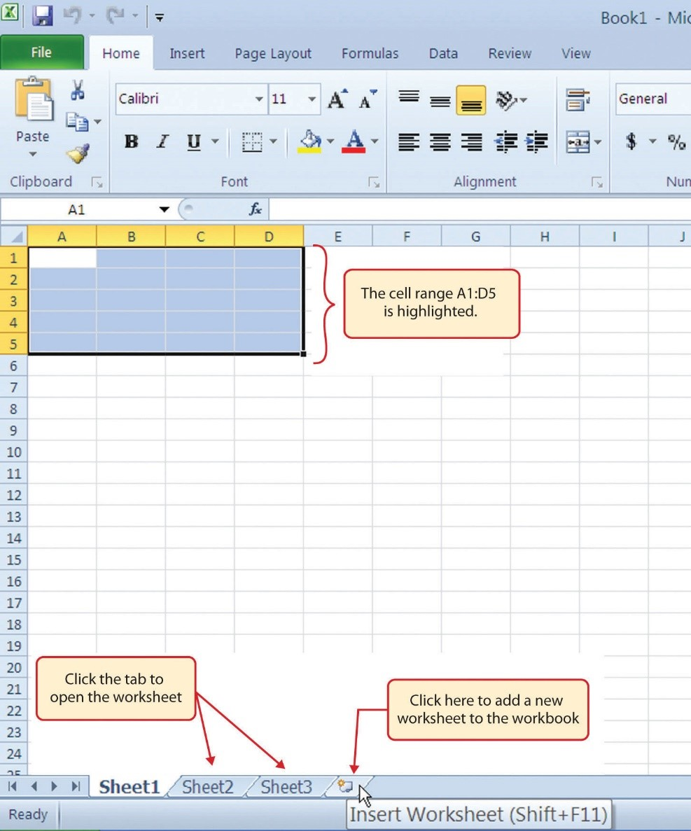 Cell range A1:D5 is highlighted. Multiple worksheet tabs featured at bottom. Shift F11 adds new worksheet to workbook.