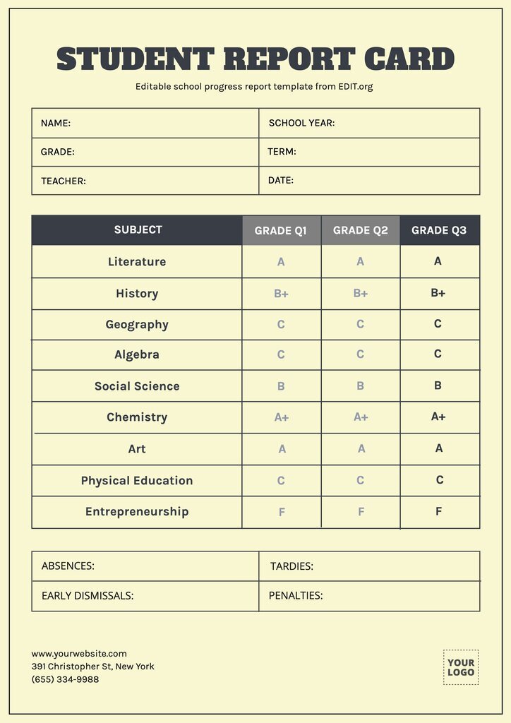 Customizable Student Report Card Templates