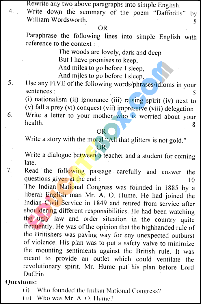 Past Paper 9th Class English Lahore Board 2015 Group 1 Subjective Type Page 4