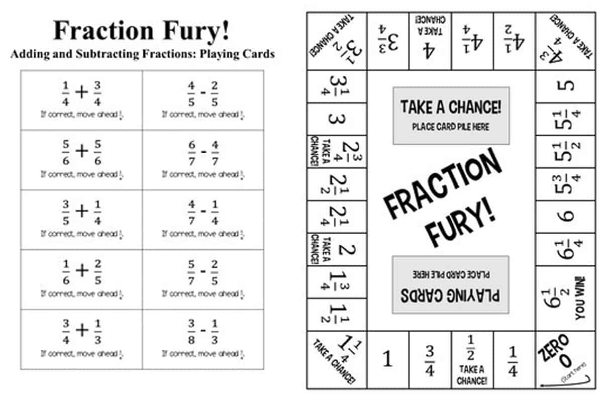 11 printable board games for adding subtracting fractions