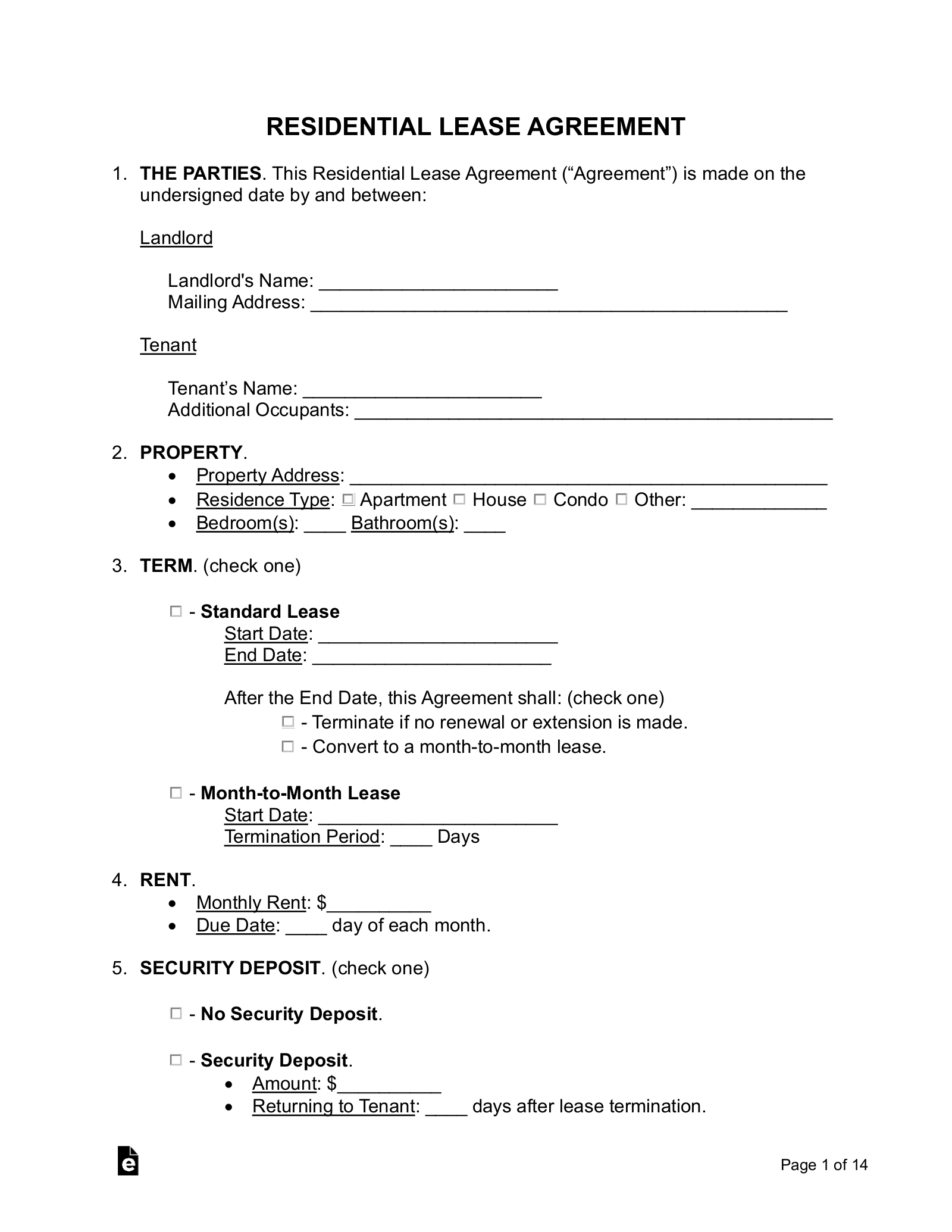 Residential Lease Agreement Templates