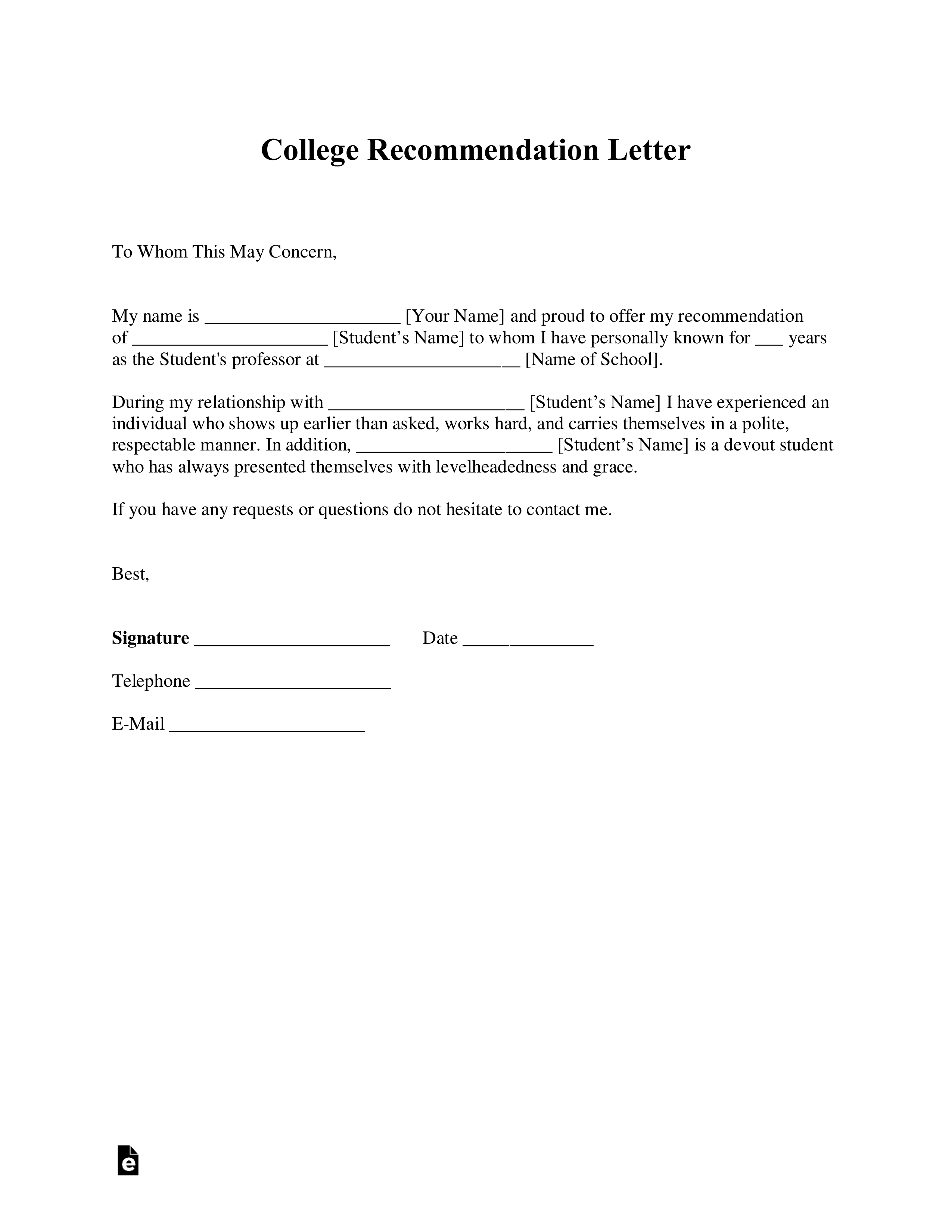 Academic Letter Of Recommendation Sample from eforms.com