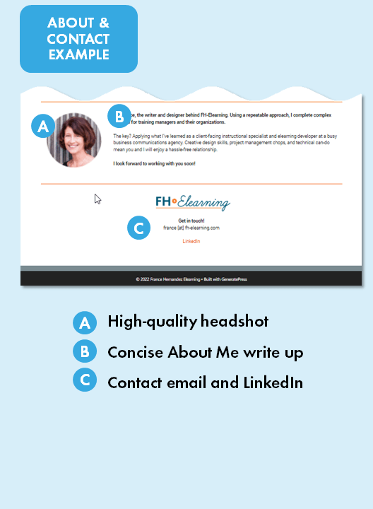 eLearning portfolio about and contact page example