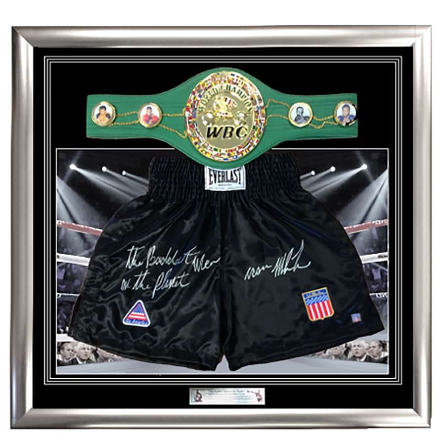 Mike Tyson Signed Boxing Trunks - Legacy Belt Framed Display