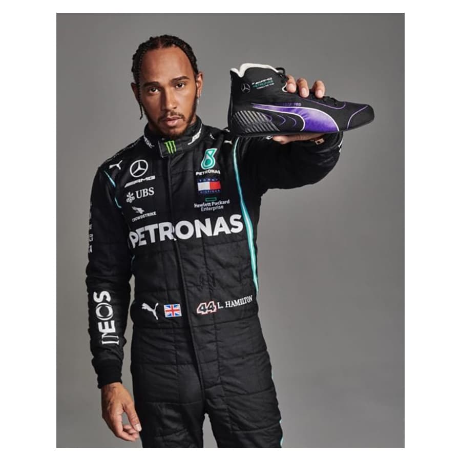 Lewis Hamilton Signed Photo With LH Puma F1 Boot 2020 Display