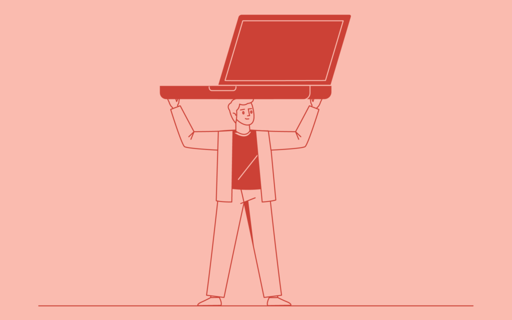 An empowered employee raises their computer high, symbolizing how organizations that prioritize employee well-being unlock their team's full potential and stand out as empathetic leaders in the process.