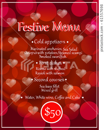 Festive menu background. Design for greeting cards and poster with transparent hearts. Vector. 61557698