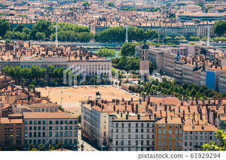 Lyon panorama elevated view on sunny day. Aerial panoramic view of Lyon with the skyline. Bellecour Square And Place Poncet, Lyon, France 61929294