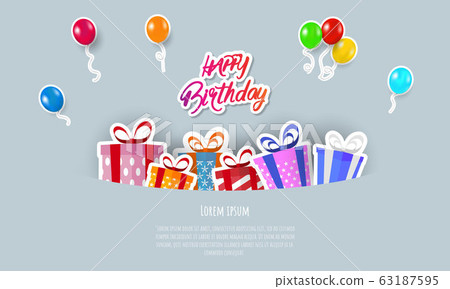 Happy Birthday balloons and gift Colorful celebration background with confetti. 63187595