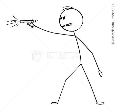 Vector Cartoon Illustration of Angry Man Shooting a Gun, Weapon, Pistol or Handgun 69944124