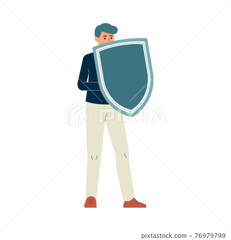 Man standing full length and holding shield, flat vector illustration isolated. 76979799