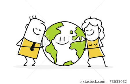 Two cute stick figures affectionately hug a planet earth that smiles. 78635082