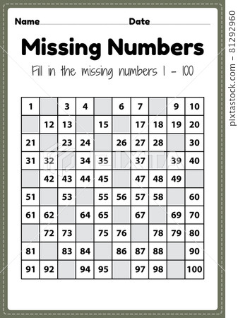 Number worksheets, missing numbers 1 to 100... - Stock Illustration ...