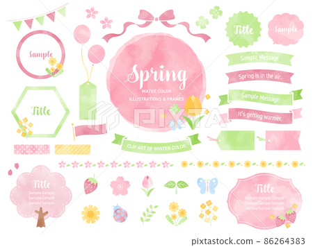 Spring color watercolor illustration and frame set / Sakura, flowers, decorations, plants 86264383