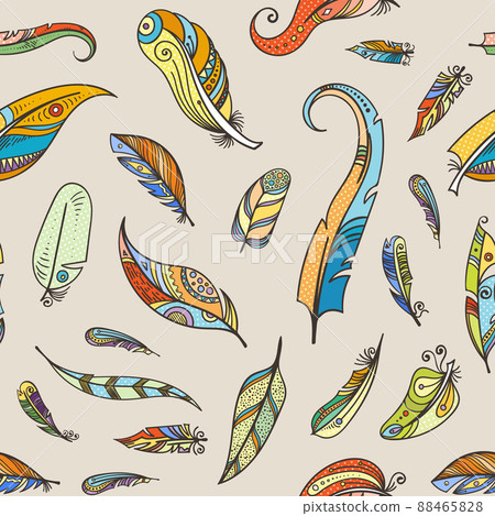 boho doodle feathers pattern background illustration 88465828