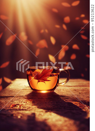 3d renderingn of a cup of hot teal in autumn lights 95213622