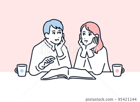 Vector illustration material of a young couple consulting while looking at a catalog 95421144